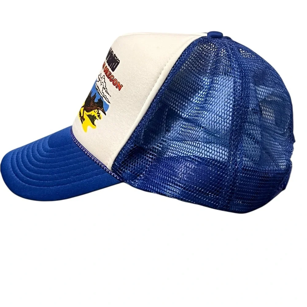 Vintage 70s Nissin Oregon Snowbird Trucker Hat Blue Mesh Snapback Cap